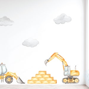 Yellow Construction Truck Wall Decals for Nursery | Removable Fabric Digger Stickers | Watercolour Site Vehicles Wall Art for Toddlers