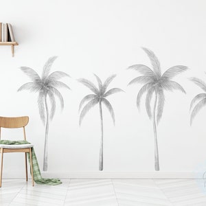 Grey Palm Tree Wall Stickers for Nursery or Bedroom | Removable Tropical Fabric Decals | Watercolour Palm Wall Art for Baby Room, Playroom