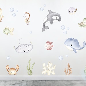 Ocean Animal Wall Stickers for Nursery or Kids Room | Removable Watercolour Sea Life Decals | Marine Baby Room Underwater Wall Art
