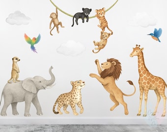 Safari Kinderzimmer Wandtattoo: Abnehmbare Dschungel Tiere im Aquarell Stil