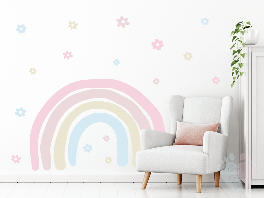 Watercolor Rainbow Wall Decal With Flowers: Nursery Decor - Etsy
