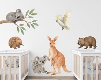 Australian Animal Wall Decals, Sleeping Koala, Kangaroo with Joey, Wombat, Echidna and Cockatoo on Gum Branch, Nursery Stickers