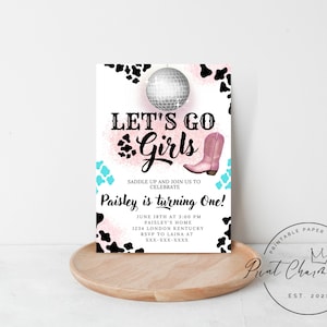 Cowgirl Birthday Invitation, Let&#39;s Go Girls, Pink Cowgirl First Invite, Disco Cowgirl, Digital Download, Editable Invite, Party Invitation