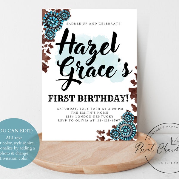 Western Turquoise Birthday Invitation, First Birthday Invitation, Digital Download, Editable Cow Print Birthday Invitation, Printable Invite