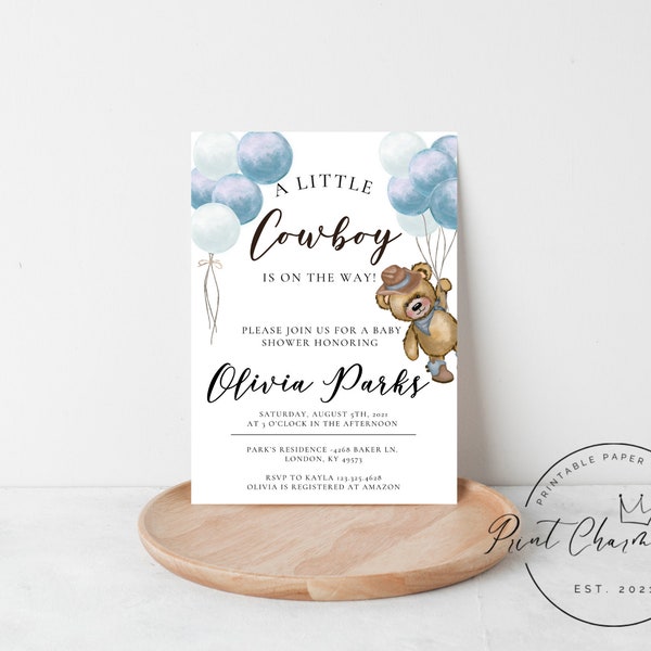 Cowboy On the Way Invitation Template, Country Bear Shower Invitation, Cowboy, Instant Download, Bear Baby Shower Template, Editable, DIY