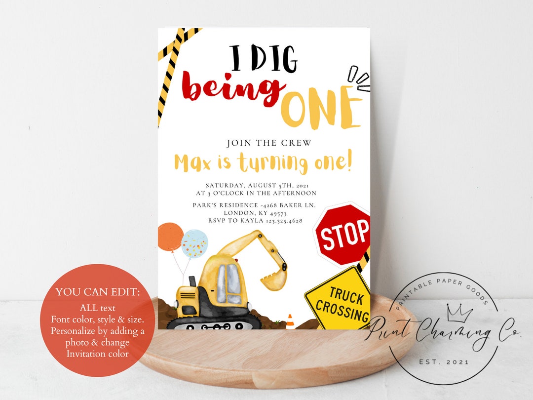 I Dig Being One Birthday Invitation, Construction Birthday Invite ...
