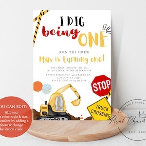 I Dig Being One Birthday Invitation, Construction Birthday Invite, Instant Download, Editable Invitation, Printable Birthday Invitation