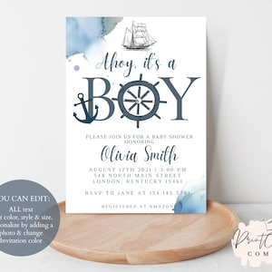 Nautical Ahoy It's A Boy Baby Shower Invitation, Invitation Template, Instant Download, Boy Invitation, Editable, Nautical Theme, Digital