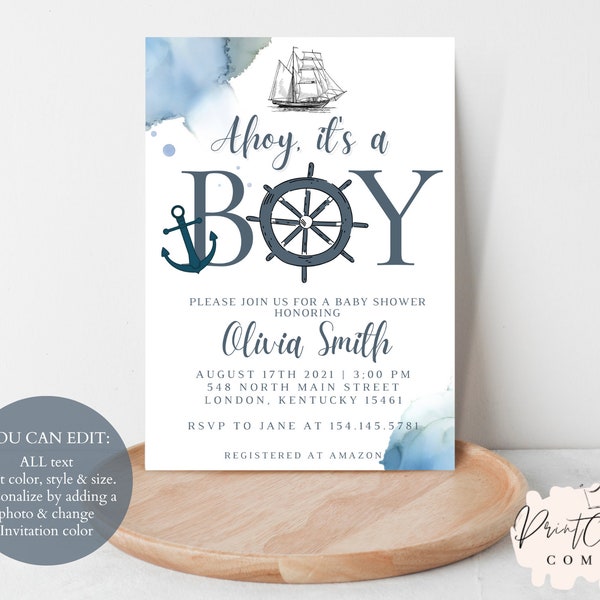 Nautical Ahoy It's A Boy Baby Shower Invitation, Invitation Template, Instant Download, Boy Invitation, Editable, Nautical Theme, Digital