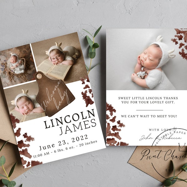 Printable Newborn Baby Birth Announcement, Photo Birth Template Card, Instant Download, Western Birth Announcement, Introducing Baby Card