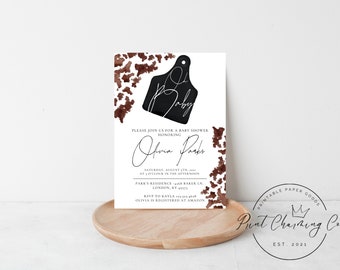 Western Baby Shower Invitation Template, Country Baby Shower Invitation, Cow Print, Instant Download, Oh Baby Shower Template, Editable, DIY