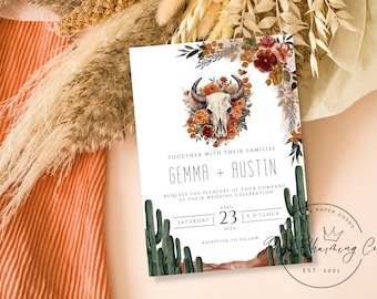 Floral Cacti Western Boho Wedding Invitation Template, Photo Wedding Invitation, Cow Print, Instant Download, Invitation with Photo