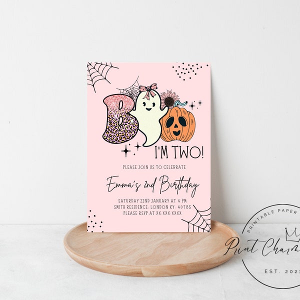 Pink Boo, I'm Two Birthday Invitation, Editable Birthday Invite, Pink Halloween Birthday Template, Digital, Instant Download, Printable