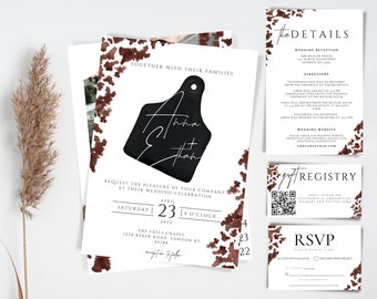 Western Wedding Invitation Bundle, Photo Wedding Invitation, Cow Print, Instant Download, Invitation with Photo, Rustic Wedding, DIY