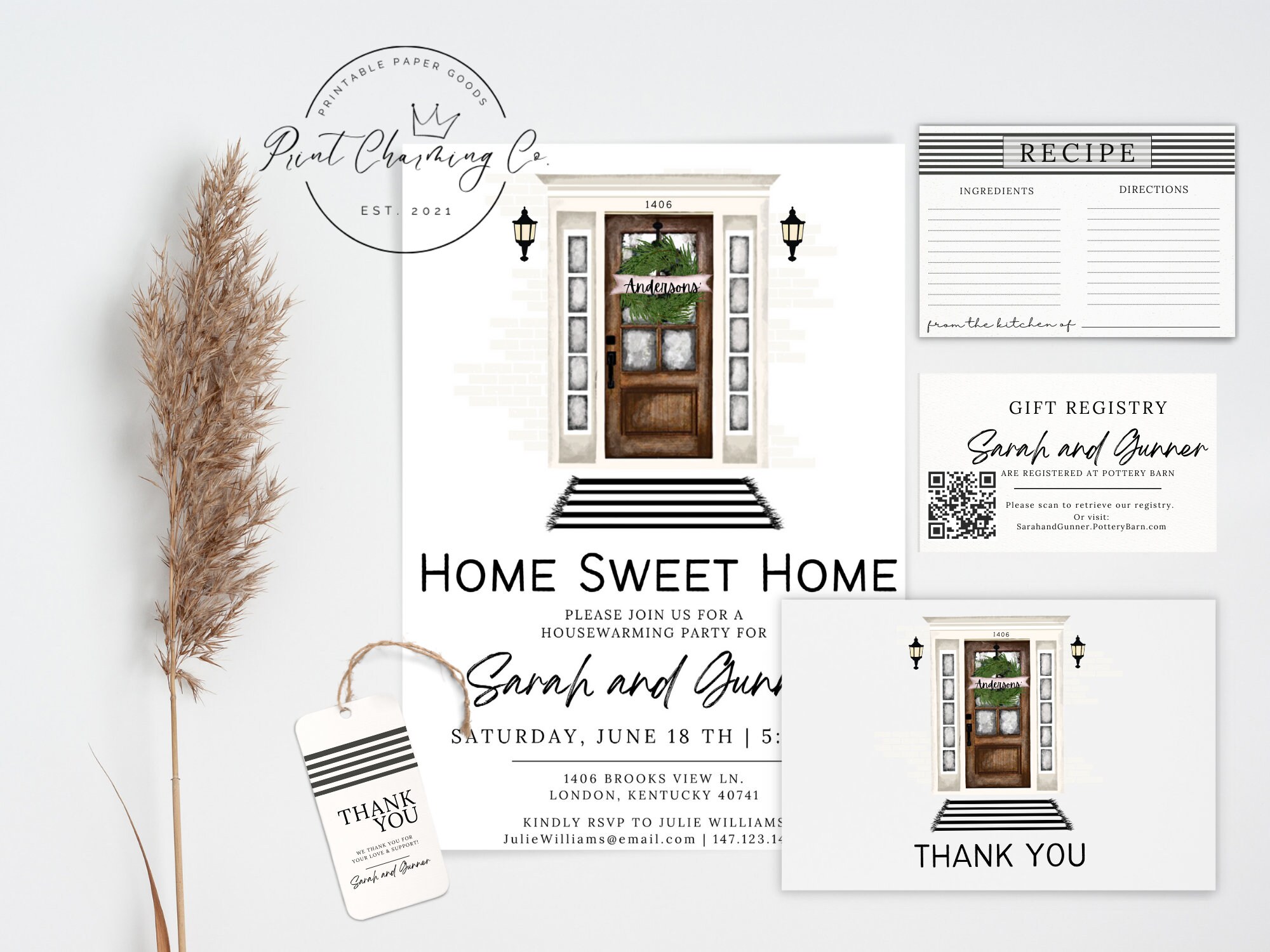 BUNDLE Personalized Door Housewarming Invite, New Home Invitation, Printable Announcement, Instant Download, Home Sweet Home, EDITABLE