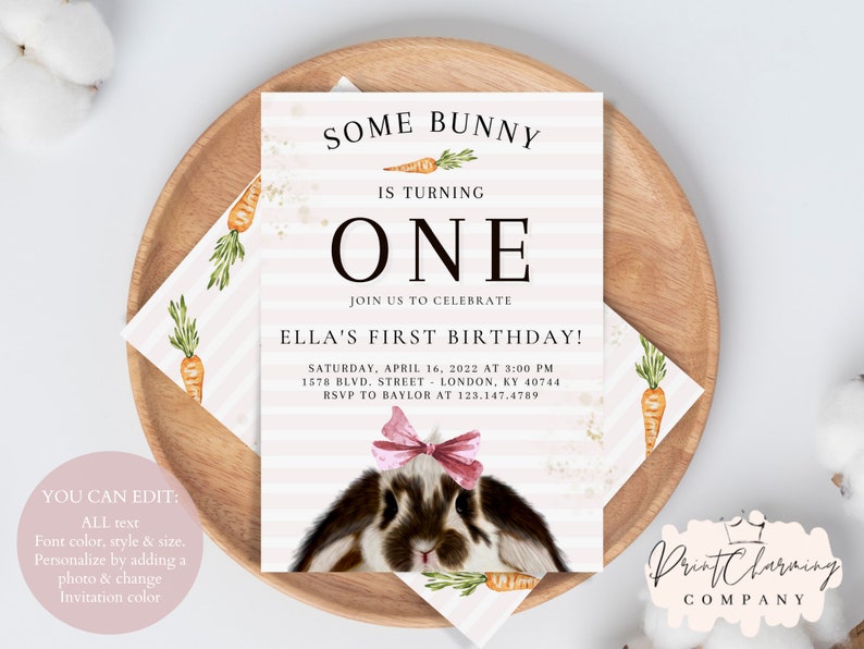 Bunny Birthday Invitation Template Some Bunny is One Invitation Bunny Girl First Birthday Instant Download Pink Bunny Invite