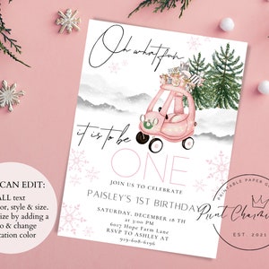 ROSA EDITÁVEL, Oh que diversão!, Convite de aniversário de feriado, Convite de aniversário de inverno, Primeiro aniversário de Natal rosa, Aniversário de Natal, Digital