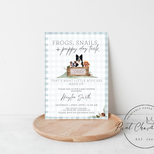 Personalized Frogs, Snails and Puppy Dog Tails Baby Shower Invitation, Dog Themed Baby Shower Invite, Instant Download, Editable Invite, DIY