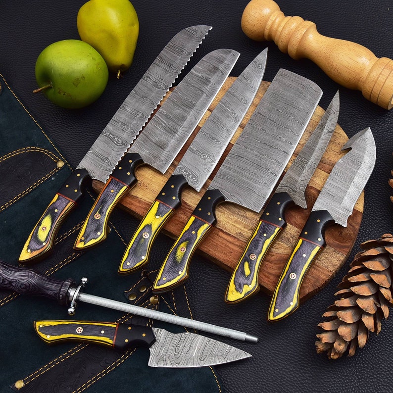 8 Pieces Handmade Damascus Kitchen Knife Chef's Knife Set and Leather ...