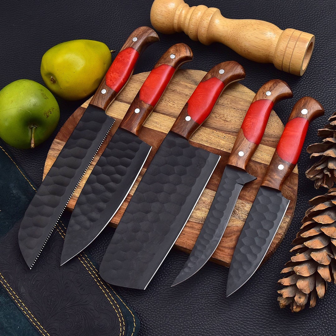 5 Pieces Handmade Black Powder Coated J2 Kitchen Knife Chef's Set and ...