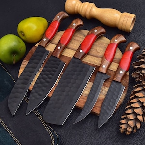 5 Pieces Handmade Black Powder Coated J2 Kitchen Knife Chef's Set And Leather Roll, Christmas Kitchen Knives gift for mom, gift for her
