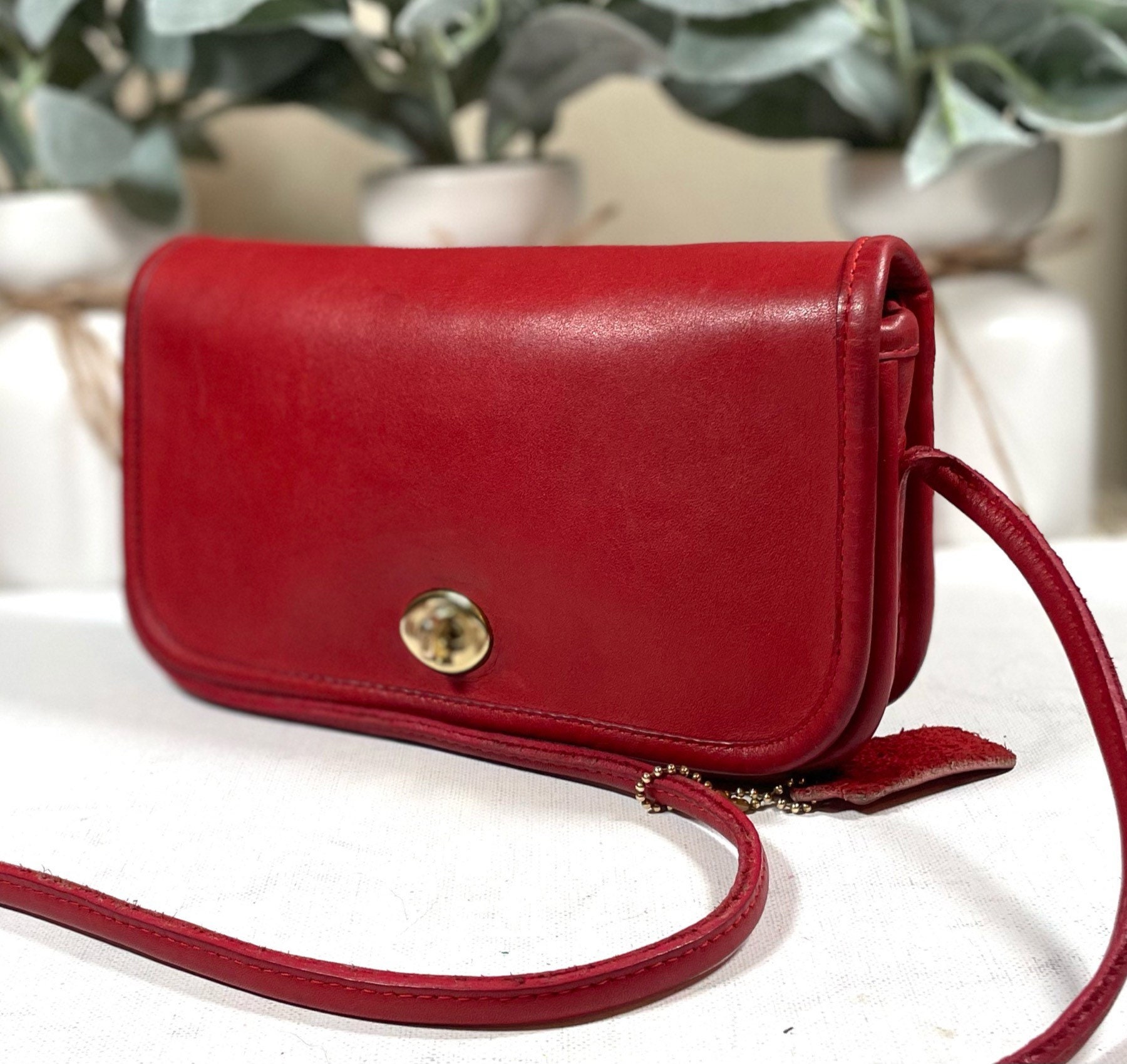 SALE Coach Dinky Bag in Red Leather and Brass Hardware Crossbody Strap  Style 9375 Made in the Factory in New York City VGC 