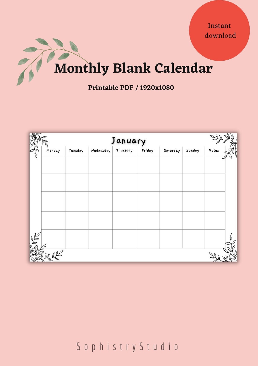 Blank Monthly Calendar, Minimalist, Printable Calendar, Nature, january ...