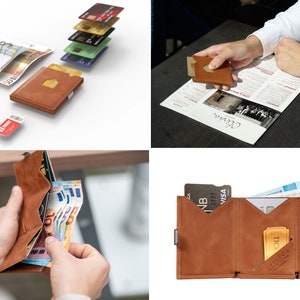 Minimalistische Geldbörse aus Leder. EXENTRI Geldbeutel. RFID-Block. Edelstahl-Verschlussclip. Herren Geldbörse. Damen Geldbörse. Schlank. Praktisch. Geschenk