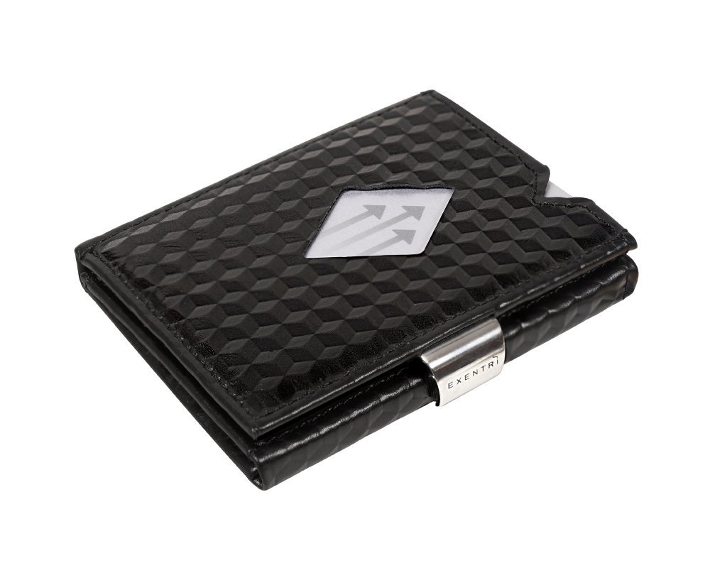 Black Cube Leather Wallet - EXENTRI Trifold Wallet - RFID