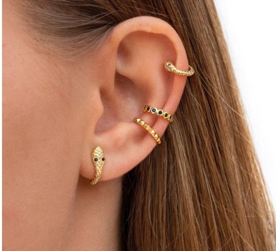Black Eyed Snake Huggie Hoop Earring S925 and 18K Gold Plate