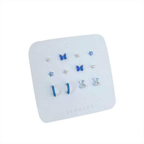 Cute Kawaii Blue Series Earrings Korean Style Studs 925 Silver Push Back Set of Six Pairs Earrings