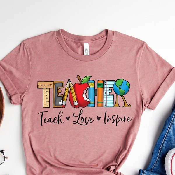 Inspirerende leraar shirts, leer liefde inspireren shirt, terug naar school shirt, eerste klas leraar shirts, leraar waardering shirt