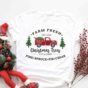 Farm Fresh Christmas Trees Truck Shirt, Christmas T-shirt, Christmas Family, Red Truck Shirt, Christmas Gift, Christmas Truck Family Shirts