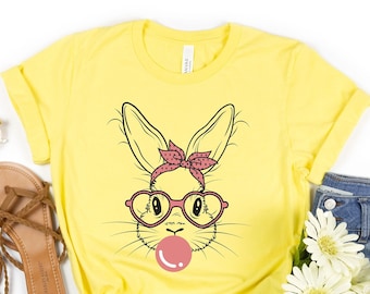 Bunny with Leopard Glasses shirt, Easter shirt, Easter bunny graphic tee, Easter shirts for women,Ladies Easter Bunny,Bubble Gum Bunny Tee