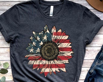 Amerika Sonnenblume Shirt, USA Flagge Blumen T Shirt, Geschenk für Amerikaner, 4. Juli Flagge Grafik T-Shirt, Freiheit TShirt, Unabhängigkeit Shirt