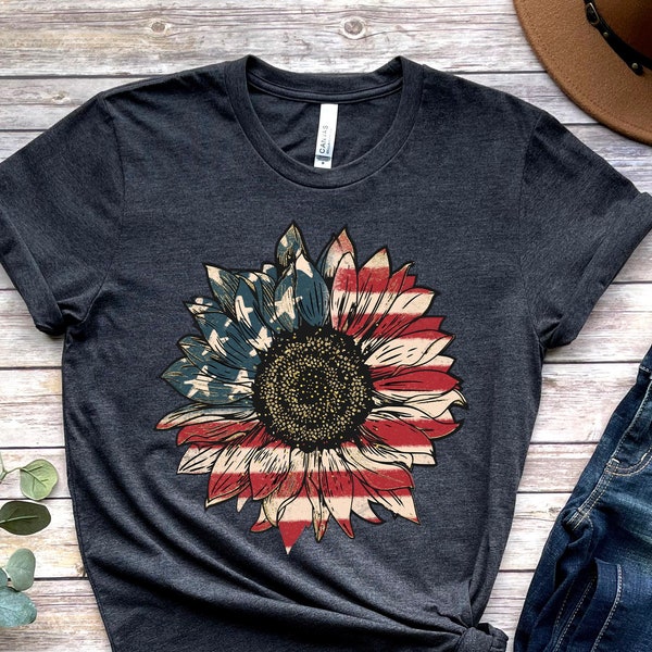 Chemise de tournesol d'Amérique, T-shirt de fleur de drapeau des Etats-Unis, cadeau pour l'Américain, T-shirt graphique de drapeau du 4 juillet, T-shirt de liberté, chemise d'indépendance