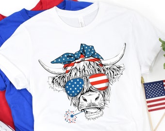 Oh My Stars Cow Shirt, Highland Cow shirt, Highland Cow With 4th July, American Flag Shirt, Fourth Of July Tee, Independence Day