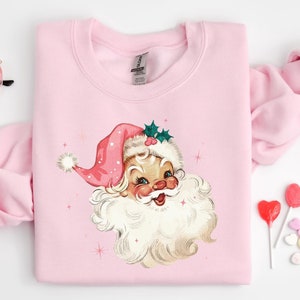 Pink Santa Retro Christmas T-Shirts Sweatshirts for Women Pink Christmas Matching Family Sweaters Pink Vintage Holiday Crewneck Group Party