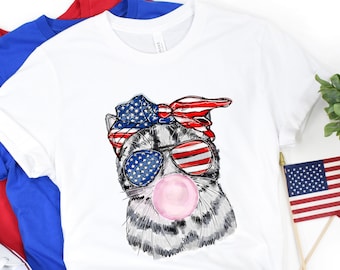 4. Juli Katze Bubblegum, Patriotische Katze Sonnenbrille Bandana, Bubble Gum Cat Shirt, 4. Juli Geschenk, Katze Blasen Gummi