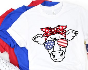 Patriotic Cow Shirt, 4th Of July T-Shirt, Independence Day Shirt, America Flag, Highland Cow Tee, Cow Bandana USA Tees, American Cow T-shirt