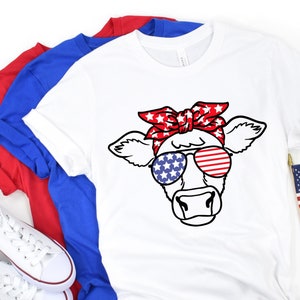 Patriotic Cow Shirt, 4th Of July T-Shirt, Independence Day Shirt, America Flag, Highland Cow Tee, Cow Bandana USA Tees, American Cow T-shirt image 1