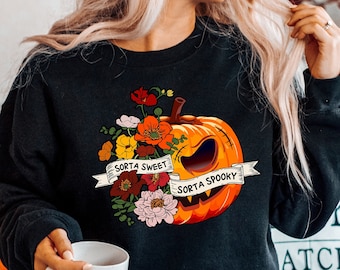 Sweet Sorta Spooky Shirt, Flower Pumpkin Shirt, Halloween PumpkinTee, Horror Shirt, Halloween Party Gift, Sarcasm Tee, Spooky Season T Shirt