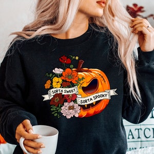 Sweet Sorta Spooky Shirt, Flower Pumpkin Shirt, Halloween PumpkinTee, Horror Shirt, Halloween Party Gift, Sarcasm Tee, Spooky Season T Shirt