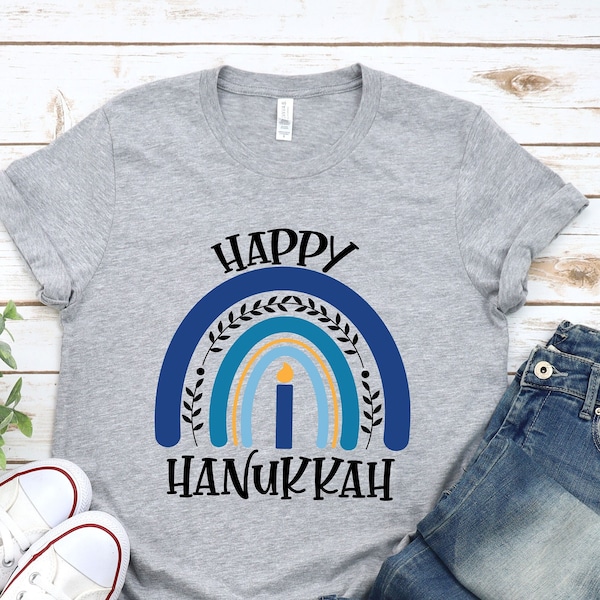 Happy Hanukkah T-Shirt, Menorah Hanukkah, Blue Rainbow Lit Shirt, Jewish Shirt, Chanukah Shirt, Gift For Hanukkah