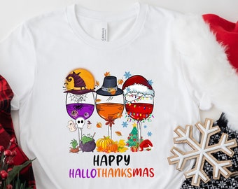 Happy HalloThanksMas Wine Shirt - T-shirt mignon à boire - Drôle de festival Tee - Chemise de Noël pour femmes - Tee de Thanksgiving - T-shirt d’Halloween