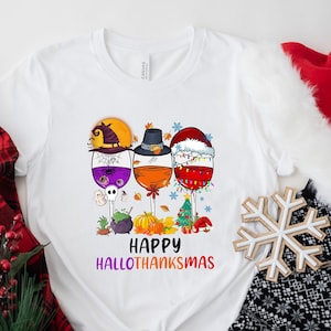 Happy HalloThanksMas Wine Shirt - Cute Drinking T-shirt - Funny Festival Tee - Women Christmas Shirt - Thanksgiving Tee - Halloween T-shirt