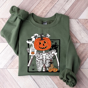 Pumpkin Skeleton Drinking Coffee Shirt, Funny Halloween T shirt, Skeleton Coffee Lover Shirts, Enjoy Pumpkin Sweatshirt, Coffee Lover Tees