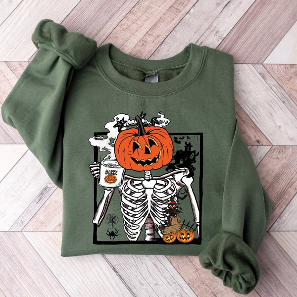 Pumpkin Skeleton Drinking Coffee Shirt, Funny Halloween T shirt, Skeleton Coffee Lover Shirts, Enjoy Pumpkin Sweatshirt, Coffee Lover Tees