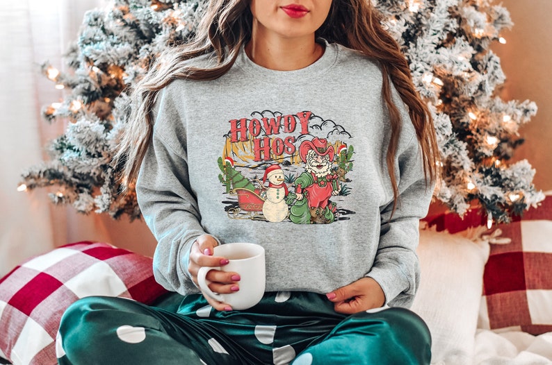 Howdy Hos Christmas Sweatshirt, Santa Cowboy Sweatshirt, Christmas Sweatshirt, Hohoho Howdy Christmas Shirt image 1