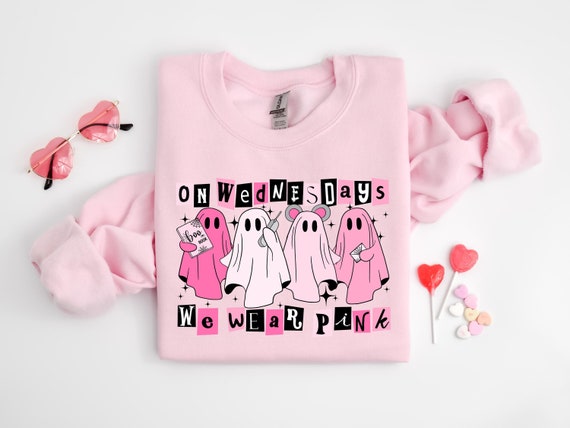 On Wednesday We Wear Pink Halloween Sweatshirt, Cute Pink Ghost T-Shirt, Mean Girls Halloween Tee, Boo Book Halloween Sweater